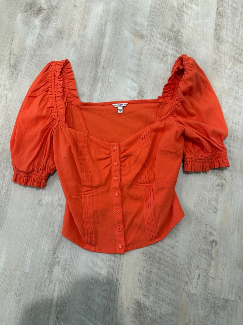 Guess Red-Orange Puff Sleeve Button Front Crop Top
